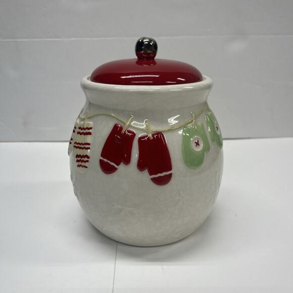 Hallmark Other - Hallmark Ceramic Cookie Jar Mittens Close Line White Red Green Jingle Bell 7”